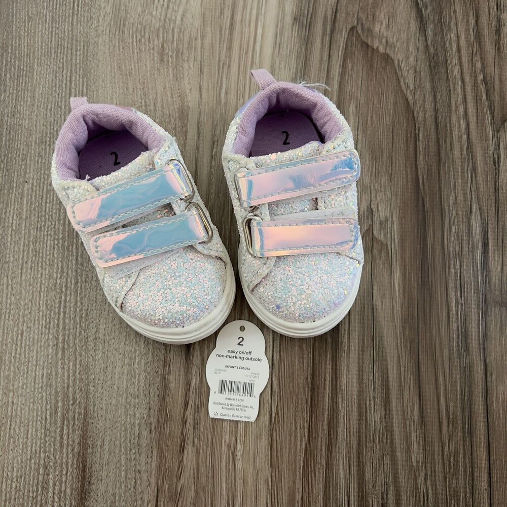 Wonder Nation Iridescent Glitter Velcro Sneakers Girls Size 2 White